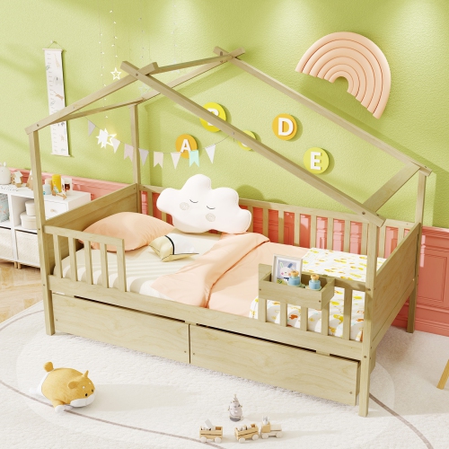 Gymax Twin House Bed w/ 2 Storage Drawers Roof & Fence Rails Headboard & Footboard