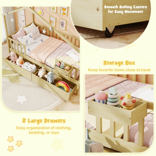 Gymax Twin House Bed w/ 2 Storage Drawers Roof & Fence Rails Headboard & Footboard