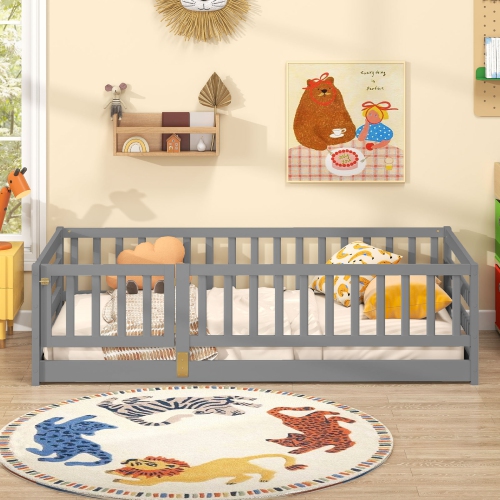 Gymax Twin Size Floor Bed w/High Fence & Door Safety Guardrails Wood Floor Bed Frame