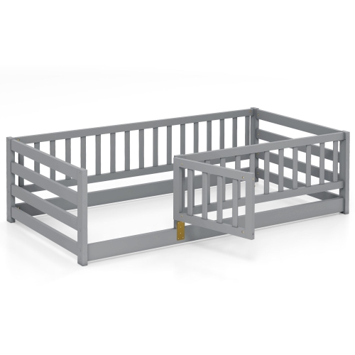 Gymax Twin Size Floor Bed w/High Fence & Door Safety Guardrails Wood Floor Bed Frame
