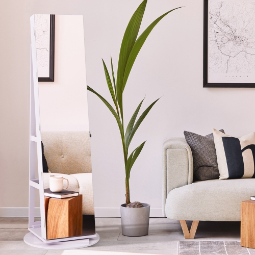 Gymax 360° Rotating Mirrored Jewelry Cabinet Armoire 3 Color LED Modes Lockable