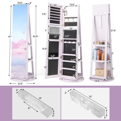 Gymax 360° Rotating Mirrored Jewelry Cabinet Armoire 3 Color LED Modes Lockable