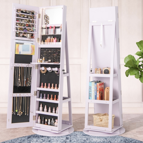 Gymax 360° Rotating Mirrored Jewelry Cabinet Armoire 3 Color LED Modes Lockable