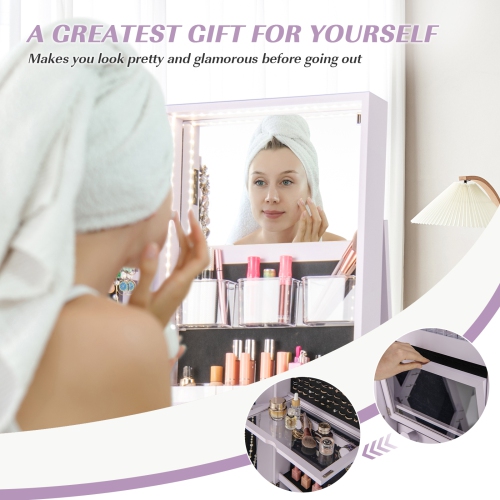 Gymax 360° Rotating Mirrored Jewelry Cabinet Armoire 3 Color LED Modes Lockable