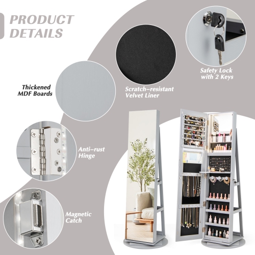 Gymax 360° Rotating Mirrored Jewelry Cabinet Armoire 3 Color LED Modes Lockable Gray