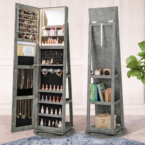 Gymax 360° Rotating Mirrored Jewelry Cabinet Armoire 3 Color LED Modes Lockable