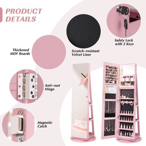 Gymax 360° Rotating Mirrored Jewelry Cabinet Armoire 3 Color LED Modes Lockable