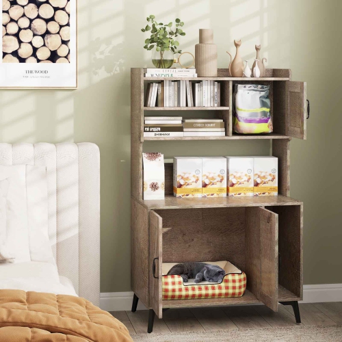 Gymax Large Cat Litter Box Enclosure w/ Display Storage Shelves Hidden Cat Furniture