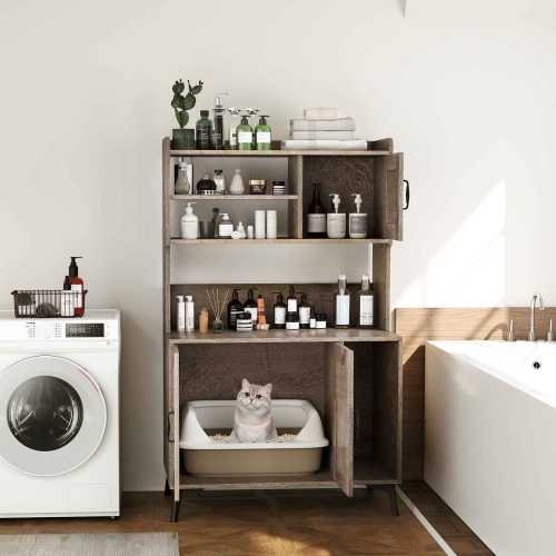 Gymax Large Cat Litter Box Enclosure w/ Display Storage Shelves Hidden Cat Furniture