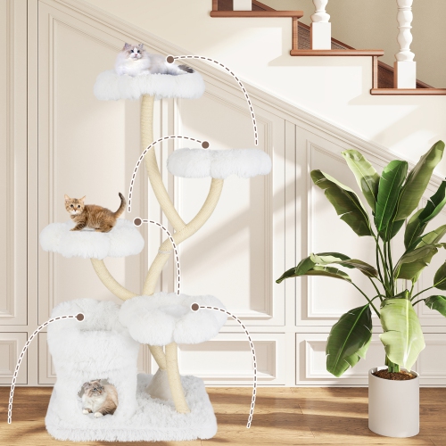 Gymax Freestanding Cat Tower Tall Cat Tree w/ four Flower-shaped Platforms Cat Condo