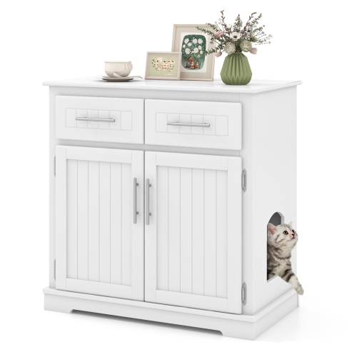 GYMAX  Cat Litter Box Enclosure W/ 2 Drawers Double Doors Anti-Toppling Devices