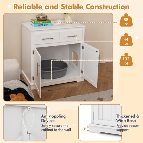 Gymax Cat Litter Box Enclosure w/ 2 Drawers Double Doors Anti-Toppling Devices