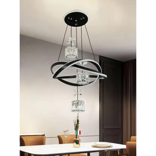 Modern Minimalist LED Chandelier – Acrylic Lampshade, Tri-Color Dimmable Ceiling Light, White/Black, for Bedroom, Living Room, Kitchen