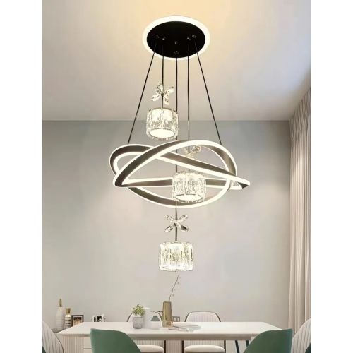 Modern Minimalist LED Chandelier – Acrylic Lampshade, Tri-Color Dimmable Ceiling Light, White/Black, for Bedroom, Living Room, Kitchen