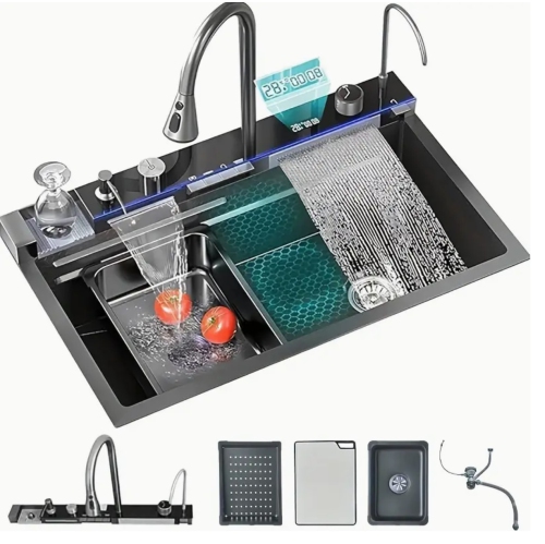 Poste de travail pour évier de cuisine intelligent en acier inoxydable – Robinet à cascade numérique, pulvérisateur coulissant, lave-tasses,