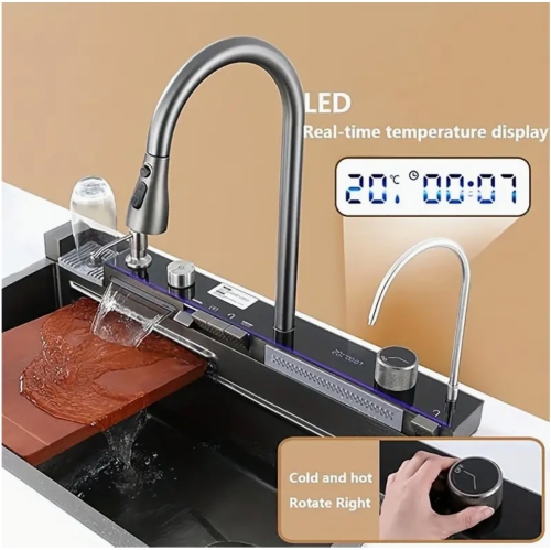 Poste de travail pour évier de cuisine intelligent en acier inoxydable – Robinet à cascade numérique, pulvérisateur coulissant, lave-tasses,