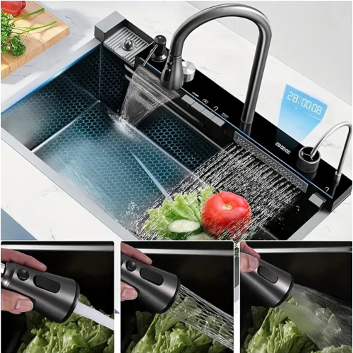 Poste de travail pour évier de cuisine intelligent en acier inoxydable – Robinet à cascade numérique, pulvérisateur coulissant, lave-tasses,