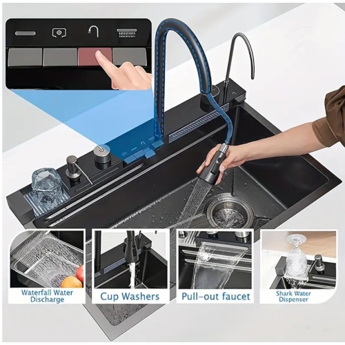 Poste de travail pour évier de cuisine intelligent en acier inoxydable – Robinet à cascade numérique, pulvérisateur coulissant, lave-tasses,