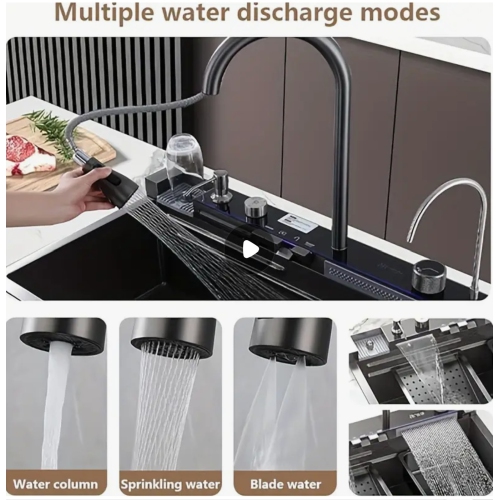 Poste de travail pour évier de cuisine intelligent en acier inoxydable – Robinet à cascade numérique, pulvérisateur coulissant, lave-tasses,