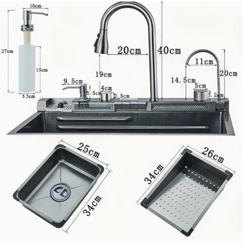 Poste de travail pour évier de cuisine intelligent en acier inoxydable – Robinet à cascade numérique, pulvérisateur coulissant, lave-tasses,