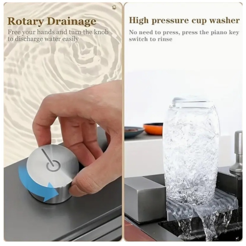 Poste de travail pour évier de cuisine intelligent en acier inoxydable – Robinet à cascade numérique, pulvérisateur coulissant, lave-tasses,