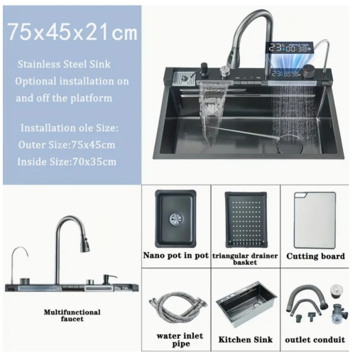 Poste de travail pour évier de cuisine intelligent en acier inoxydable – Robinet à cascade numérique, pulvérisateur coulissant, lave-tasses,