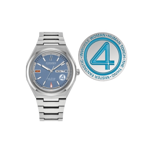 Marvel Mens The Fantastic 4: First Steps Limited Edition Eco-Drive Watch 39mm Silver-Tone Super Titanium Case and Bracelet with Blue Dial