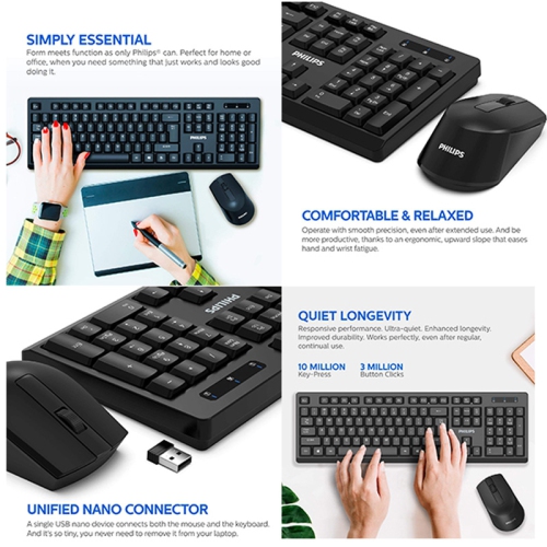 Philips SPT6354 2.4GHz Drop-Free Connection Wireless Keyboard and Mouse Combo, Silent Keyboard & Ambidextrous Mouse
