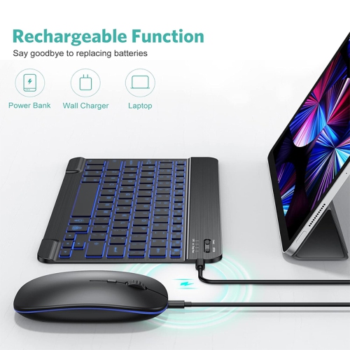 Clavier et souris sans fil Bluetooth ultramince pour iPad et Android Clavier rechargeable 7 couleurs avec rétroéclairage