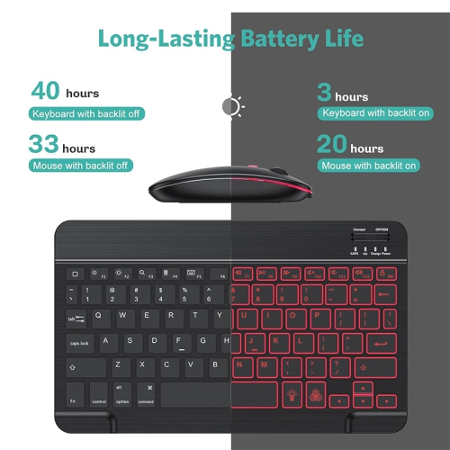 Clavier et souris sans fil Bluetooth ultramince pour iPad et Android Clavier rechargeable 7 couleurs avec rétroéclairage