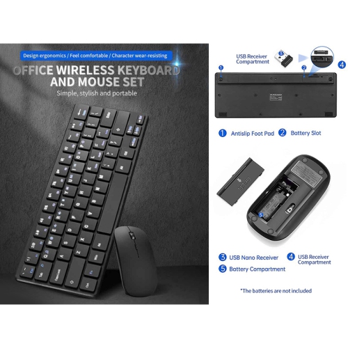 Ensemble clavier et souris sans fil 2,4&nbsp;GHz 64 touches 5 rangées ultraplat et silencieux pour portable, ordinateur de bureau et téléviseur