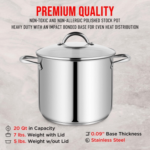 Bakken-Swiss Deluxe 20-Quart Stainless Steel Stockpot w/Tempered Glass See-Through Lid - Simmering Delicious Soups Stews & Induction Cooking -