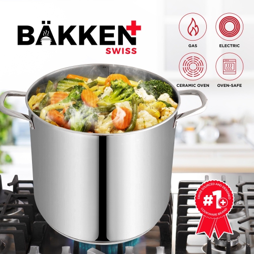 Bakken-Swiss Deluxe 20-Quart Stainless Steel Stockpot w/Tempered Glass See-Through Lid - Simmering Delicious Soups Stews & Induction Cooking -