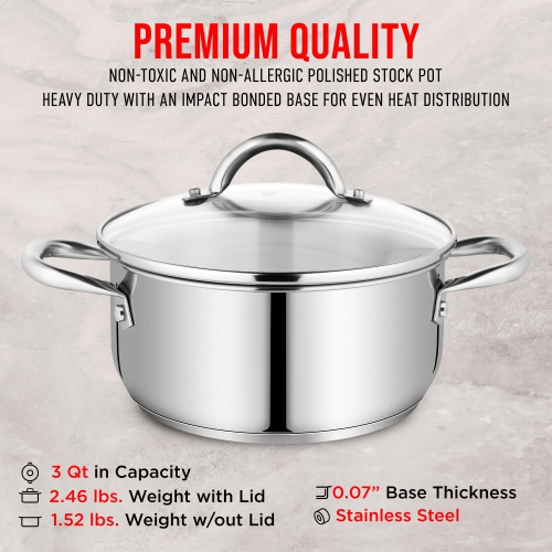 Bakken-Swiss Deluxe 3-Quart Stainless Steel Stockpot w/Tempered Glass See-Through Lid - Simmering Delicious Soups Stews & Induction Cooking -