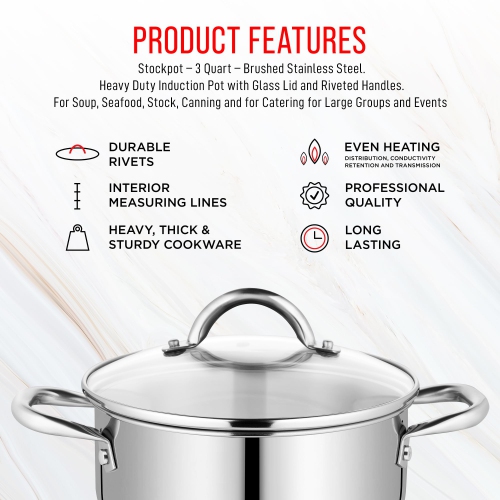 Bakken-Swiss Deluxe 3-Quart Stainless Steel Stockpot w/Tempered Glass See-Through Lid - Simmering Delicious Soups Stews & Induction Cooking -