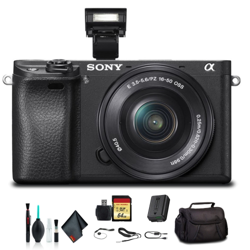SONY  - Alpha A6300 Mirrorless Camera With 16-50MM Lens Ilce6300L/b With Soft Bag, 64GB Memory Card, Card Reader, And More In Black