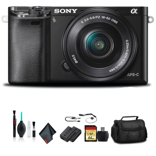 Open Box - Sony Alpha a6000 Mirrorless Camera with 16-50mm Lens Black with Soft Bag, Tripod, Additional Battery, 64GB Memory Card,