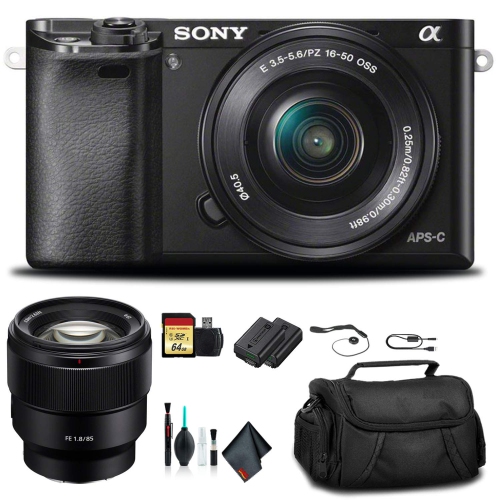 Open Box - Sony Alpha a6000 Mirrorless Camera with 16-50mm Lens Black with Sony FE 85mm Lens, Soft Bag, Additional Battery, 64GB Card