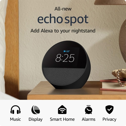 Réveille-matin intelligent Echo Spot avec son éclatant et Alexa - Noir + trousse de nettoyage d'écran