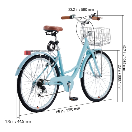 VEVOR 7-Speed Cruiser Bike, 26-Inch Light Blue Beach Cruiser Bike with Large Capacity Basket and Rear Rack, Secure & Sturdy Cruiser Bike with