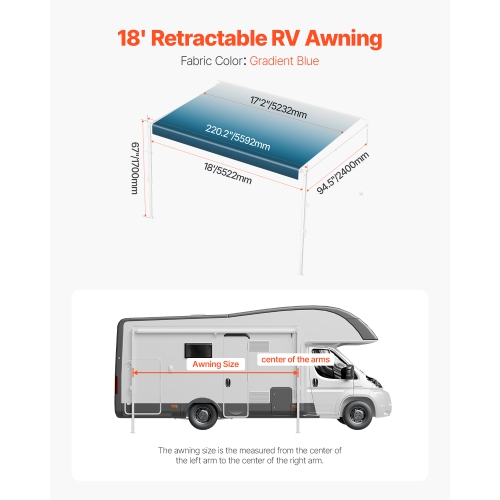 VEVOR 18' Manual RV Awning Complete Kit, Retractable Awning with Aluminum Alloy Frame, Outdoor Trailer Awning, Fit for Most RVs(Blue Fade)