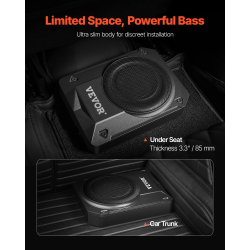 VEVOR 10" 400W Underseat Car Subwoofer, Slim Powered Car Subwoofers Under the Seat, Low Profile Audio Sub Built-in Amplifier, High/Low Level Input &