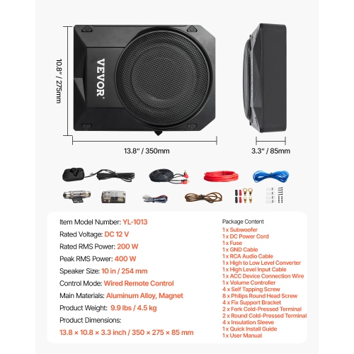 VEVOR 10" 400W Underseat Car Subwoofer, Slim Powered Car Subwoofers Under the Seat, Low Profile Audio Sub Built-in Amplifier, High/Low Level Input &