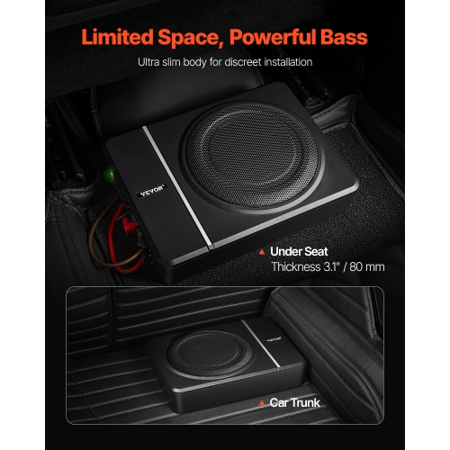 VEVOR 8" 240W Underseat Car Subwoofer, Slim Powered Car Subwoofers Under the Seat, Low Profile Audio Sub Built-in Amplifier, High/Low Level Input &