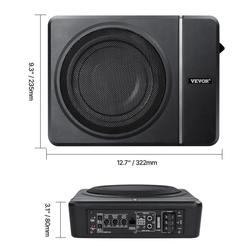 VEVOR 8" 240W Underseat Car Subwoofer, Slim Powered Car Subwoofers Under the Seat, Low Profile Audio Sub Built-in Amplifier, High/Low Level Input &