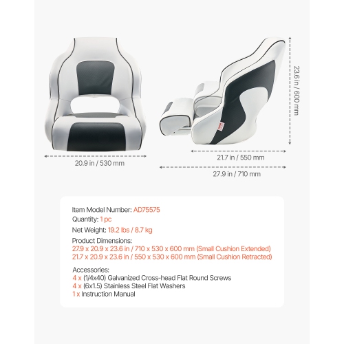 VEVOR Boat Seat, High Backrest, Flip Up Boat Seat Captain Bucket Seat with Thickened Sponge Cushion & Waterproof PVC Leather, Ergonomic Design,