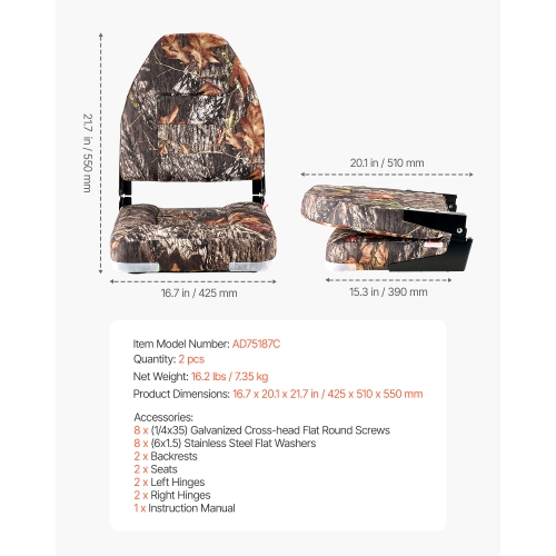 VEVOR Boat Seat, High Backrest, Folding Fishing Boat Seat with Thickened Sponge Cushion & PU Polyester Fabric, Aluminum Alloy Hinges, Flip Up Boat