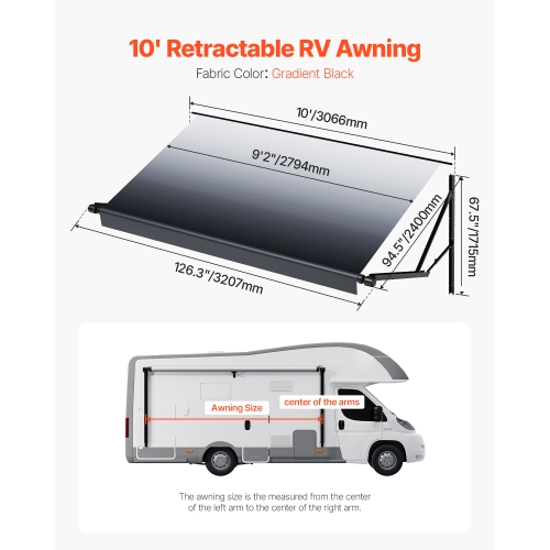 VEVOR 10' Motorized RV Awning Complete Kit, Retractable Awning with Aluminum Alloy Frame, Outdoor Trailer Awning, Fit for Most RVs(Black Fade)