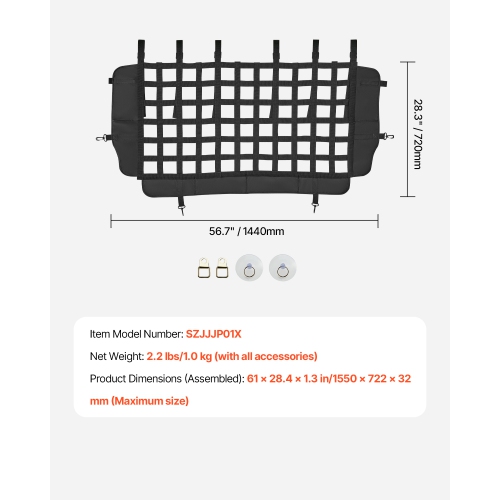 VEVOR JK 2007-2017 Dog Car Barrier, Mesh Cargo Pet Net for Jeep Wrangler JL 20018-2024, Vehicle Pet Barrier Fits Behind Rear Seat Cargo Area, Scratch