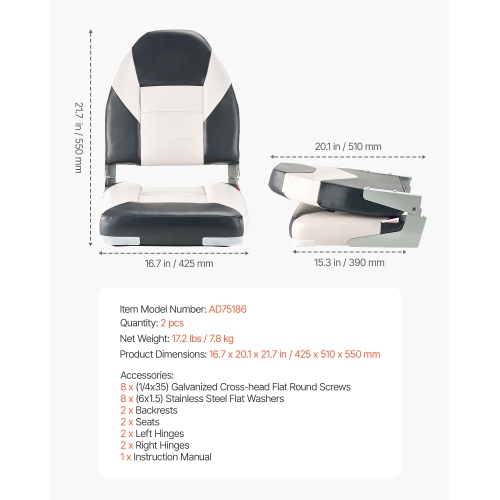 VEVOR Boat Seat, High Backrest, Folding Fishing Boat Seat with Thickened Sponge Cushion & Waterproof PVC Leather, Aluminum Alloy Hinges, Flip Up Boat